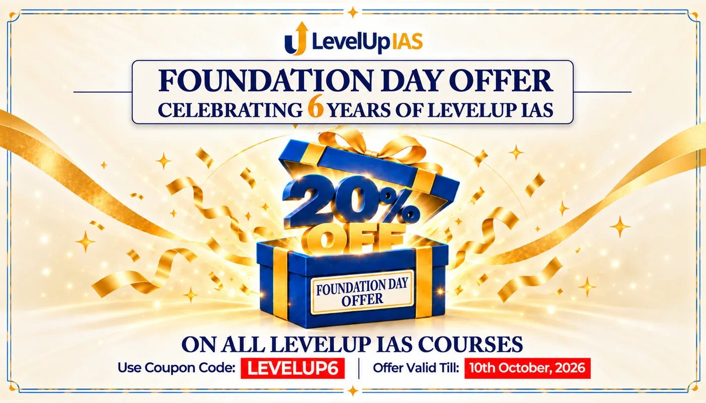 LevelUp IAS Foundation Day Offer — 20% off on all LevelUp IAS courses with coupon code LEVELUP6, valid till 10 October 2026